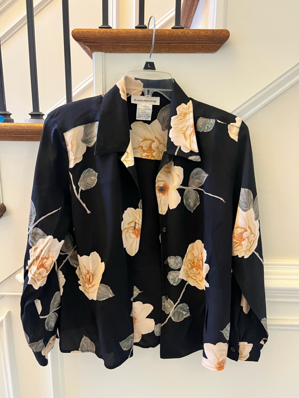 Evan Picone Silk Floral Button-Up Shirt - Black/Cream Rose Print